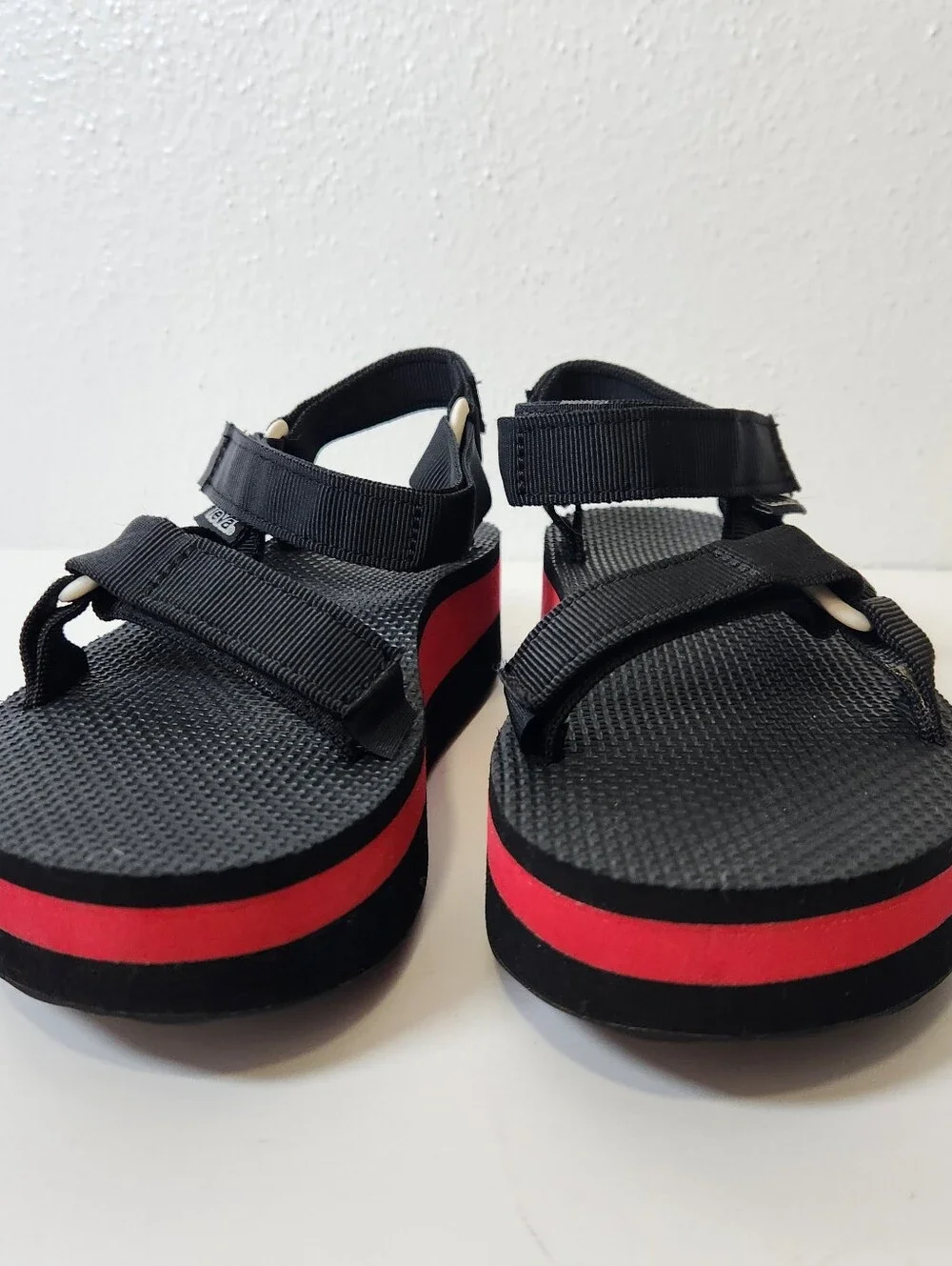 Teva Black Strappy Platform Sandals with Red Stripe - Picture 5 of 13